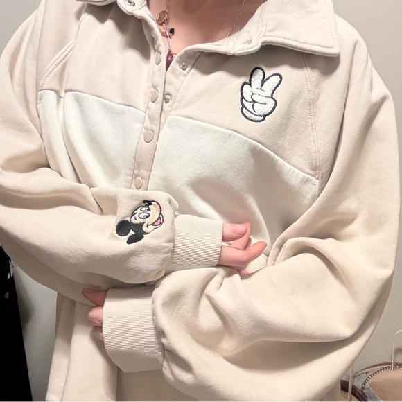 Disney Tops - Disney Mickey Peace Patch Cream Textured Jacket